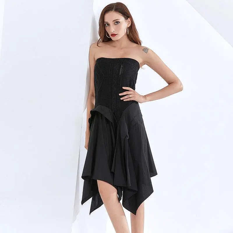 Strapless Knit Irregular Skirt Dress in Black