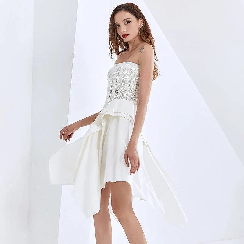 Strapless Knit Irregular Skirt Dress in White