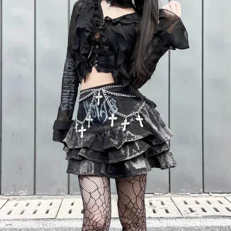 Summer Dark Gothic Rock A-line High Waisted Mini Skirt for Women