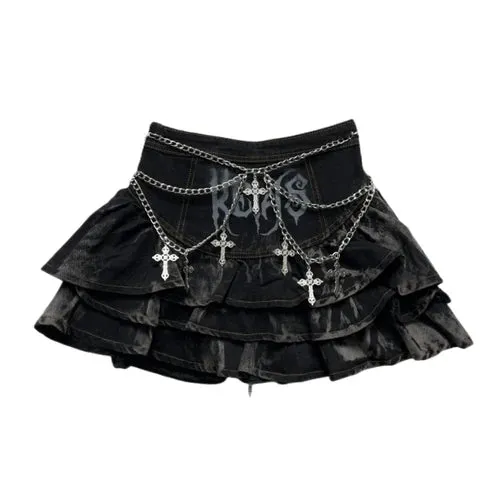 Summer Dark Gothic Rock A-line High Waisted Mini Skirt for Women