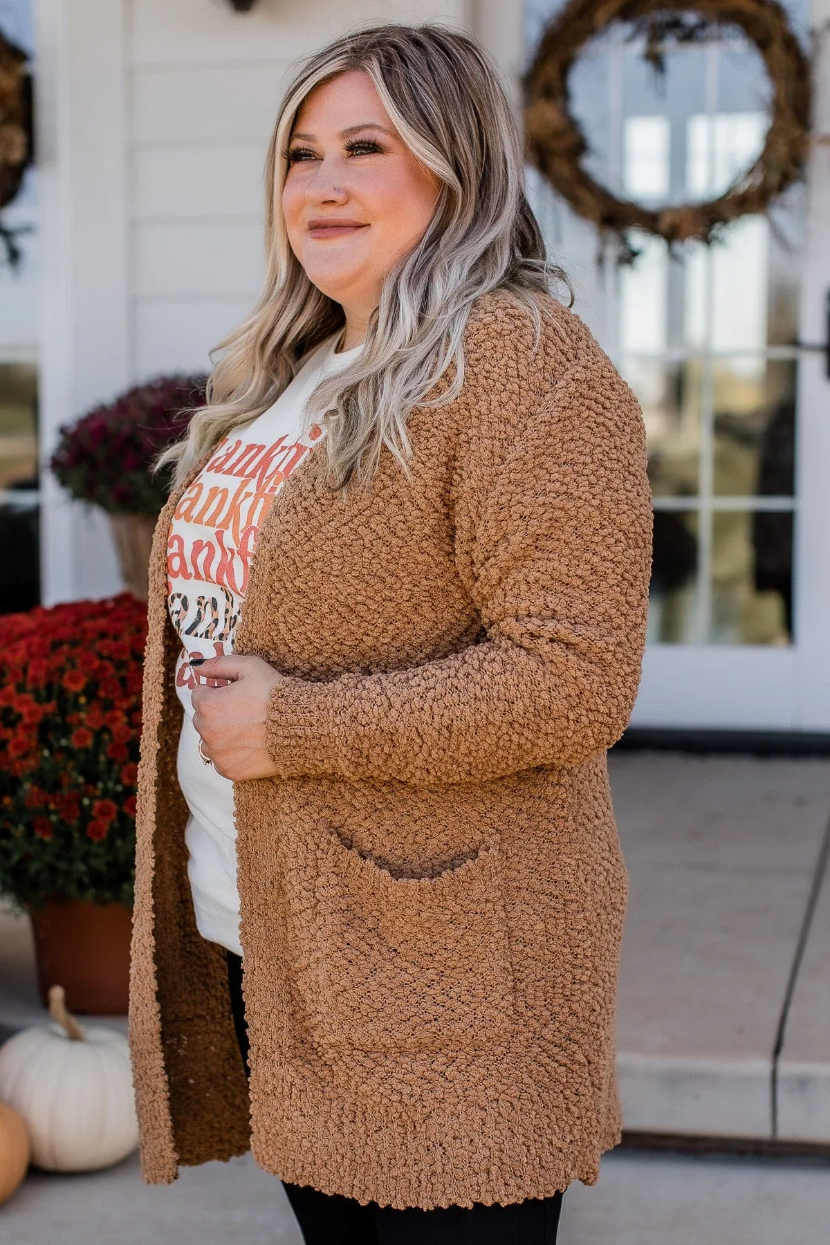 Take Another Look Popcorn Cardigan- Dark Camel