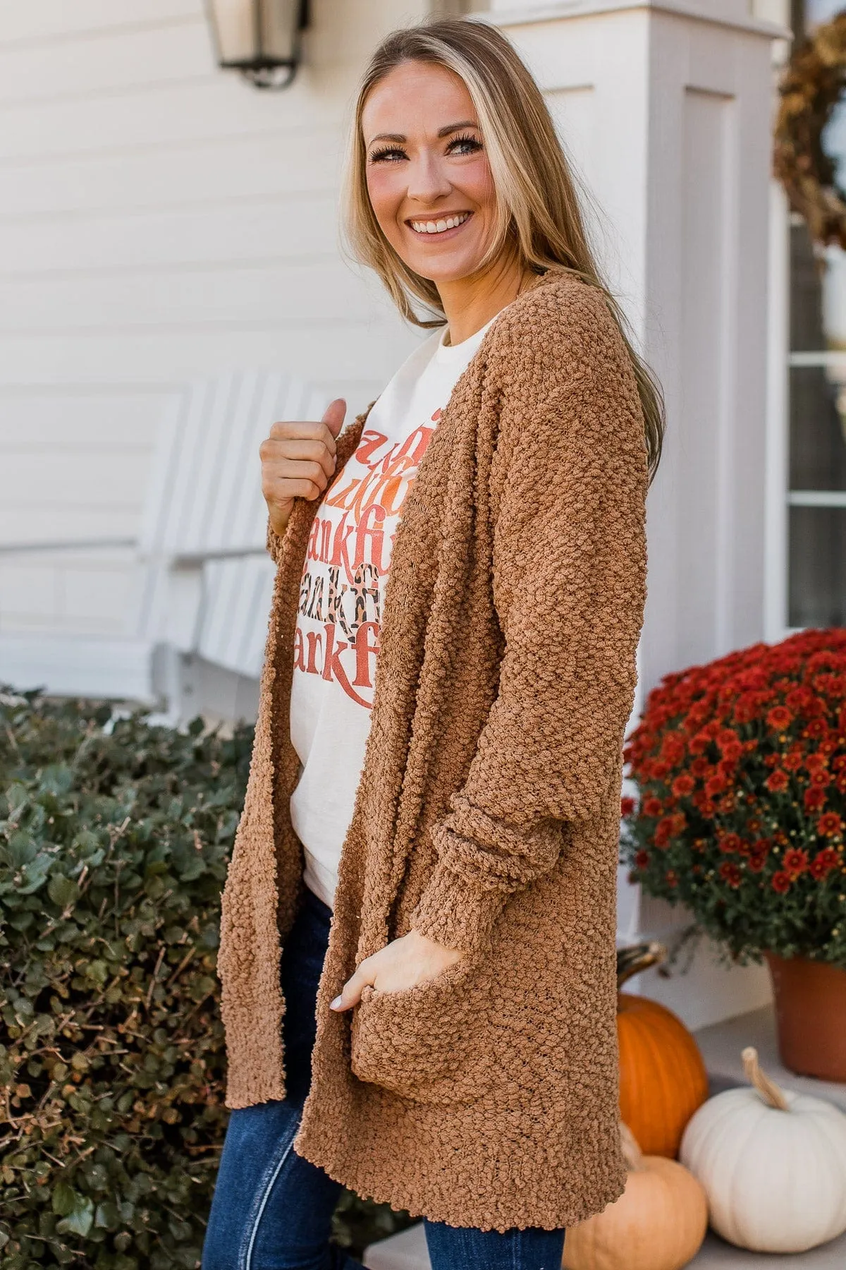 Take Another Look Popcorn Cardigan- Dark Camel