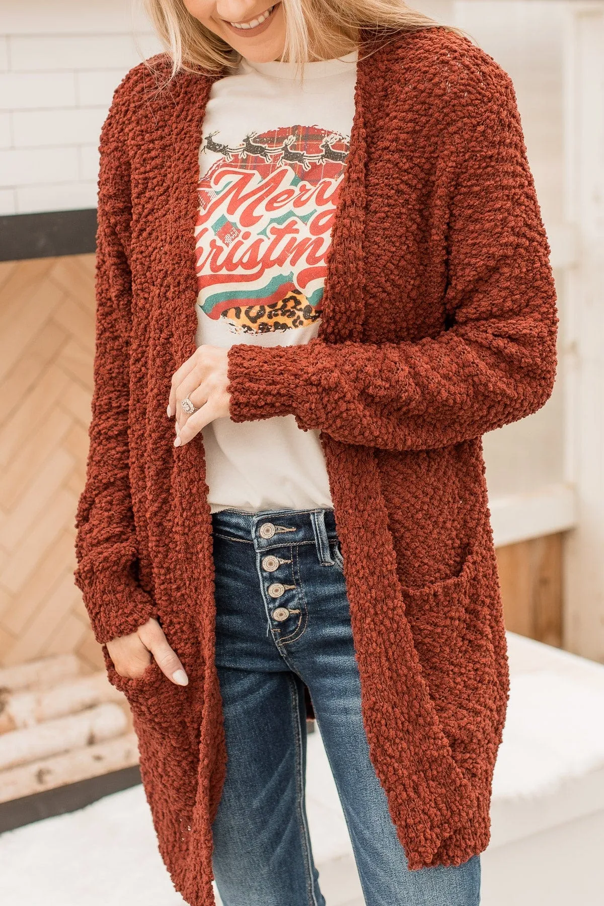 Take Another Look Popcorn Cardigan- Dark Rust