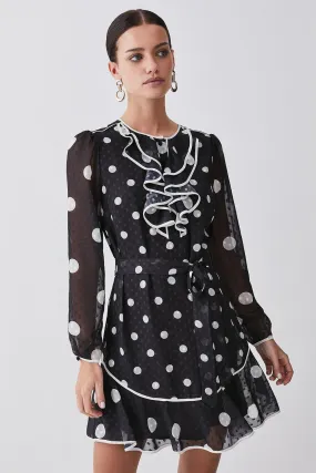 Tall Mono Mixed Dot Piped Ruffle Belted Mini Dress | Karen Millen