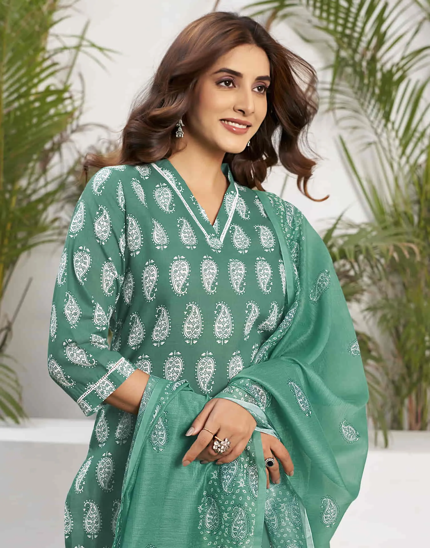 Teal Green Printed Cotton Straight Kurta With Pant And Dupatta