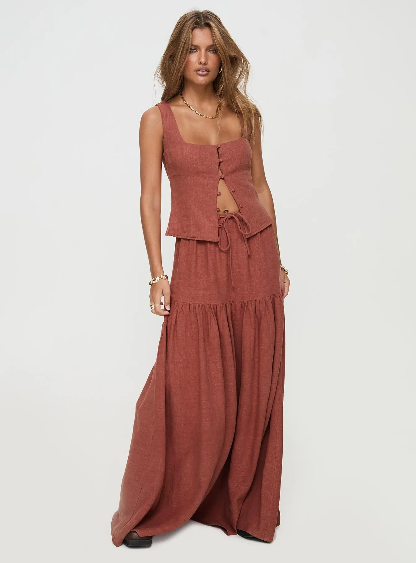 Tearose Linen Blend Maxi Skirt Burnt Rust