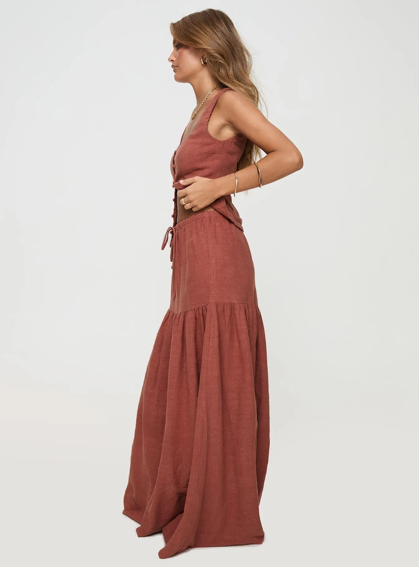 Tearose Linen Blend Maxi Skirt Burnt Rust