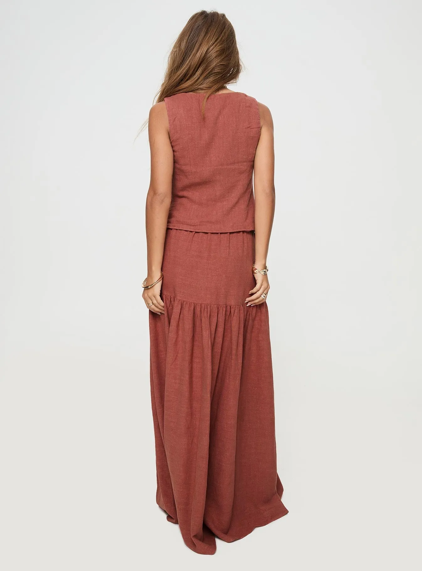 Tearose Linen Blend Maxi Skirt Burnt Rust