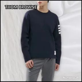 THOM BROWNE  |Crew Neck Stripes Street Style Long Sleeves Plain Cotton