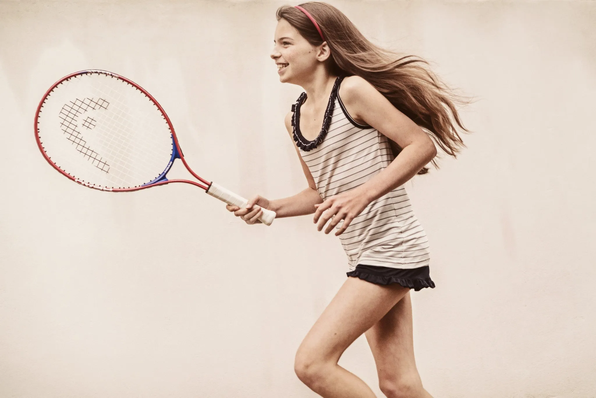 Trudy Ruffle Performance Tank Cream Navy Mini Stripe