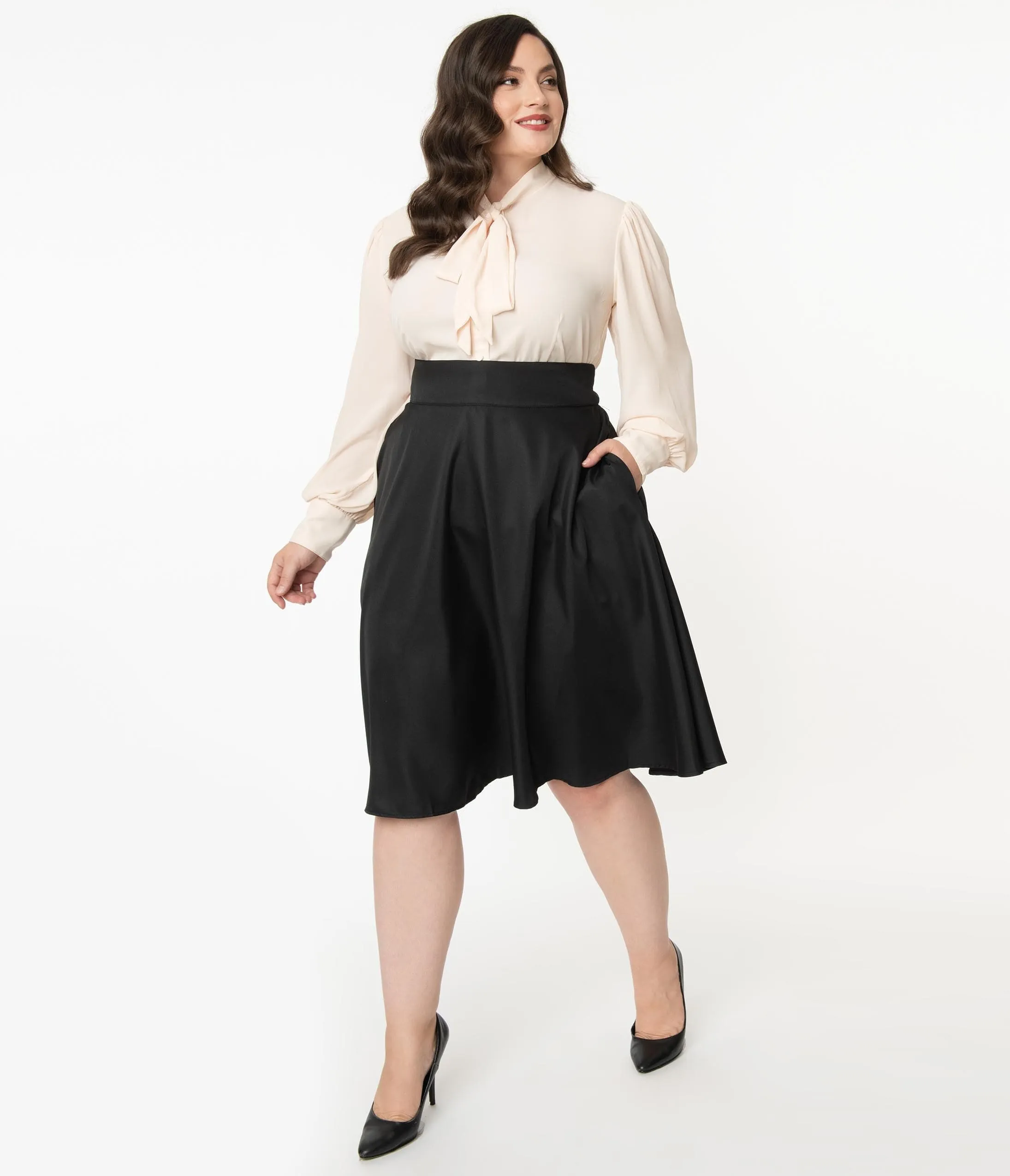 Unique Vintage Plus Size Retro Style Black High Waist Vivien Swing Skirt