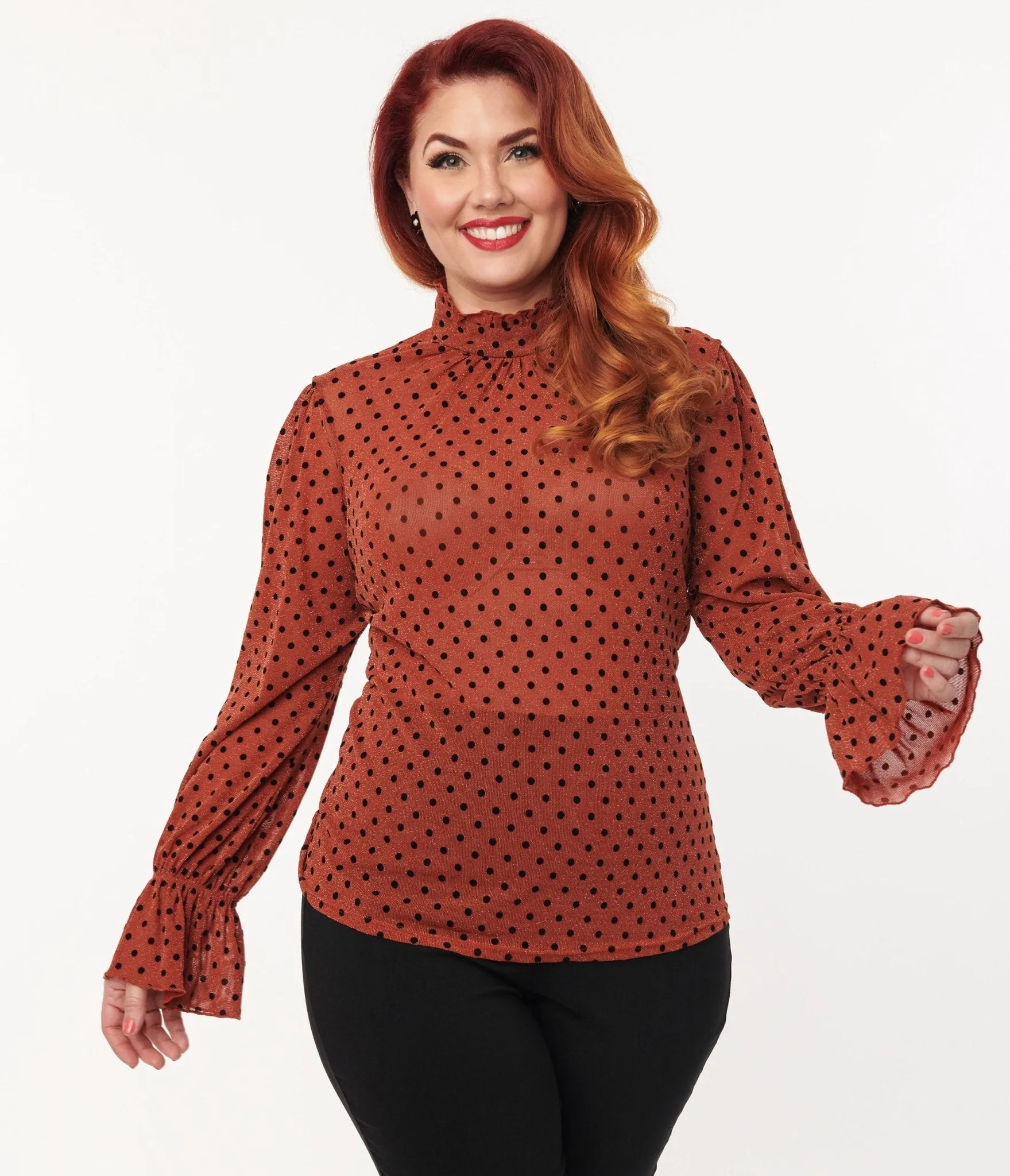 Unique Vintage Rust & Black Polka Dot Donna Blouse