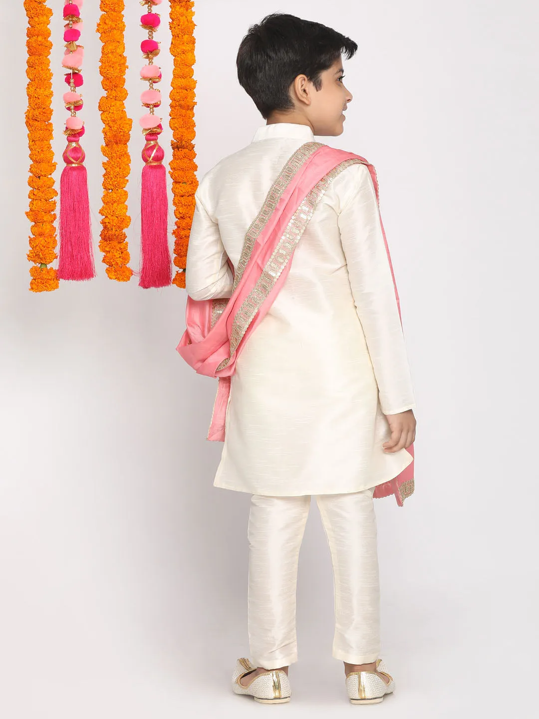 VASTRAMAY Boys Cream Silk Blend Kurta and Pyjama Set With Dupatta