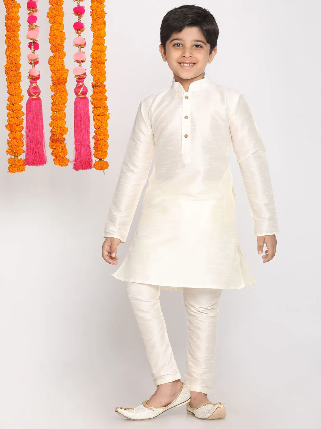 VASTRAMAY Boys Cream Silk Blend Kurta and Pyjama Set With Dupatta