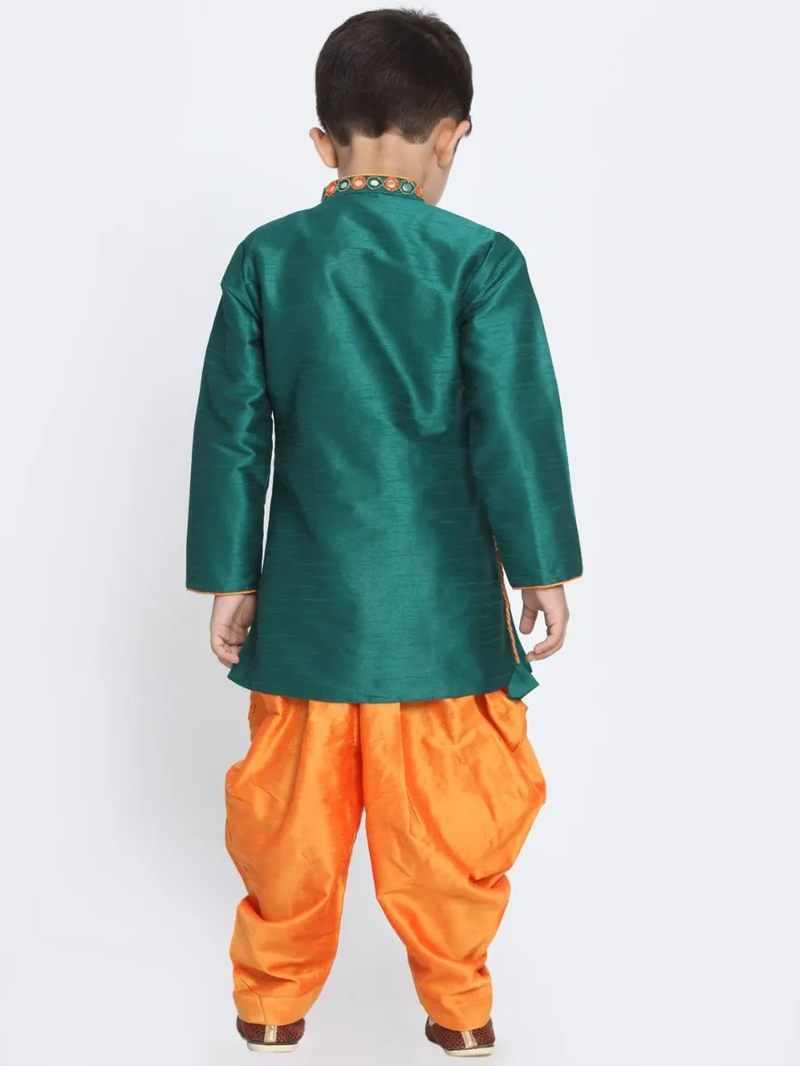 Vastramay Boy's Green Cotton Silk Blend Kurta and Dhoti Set