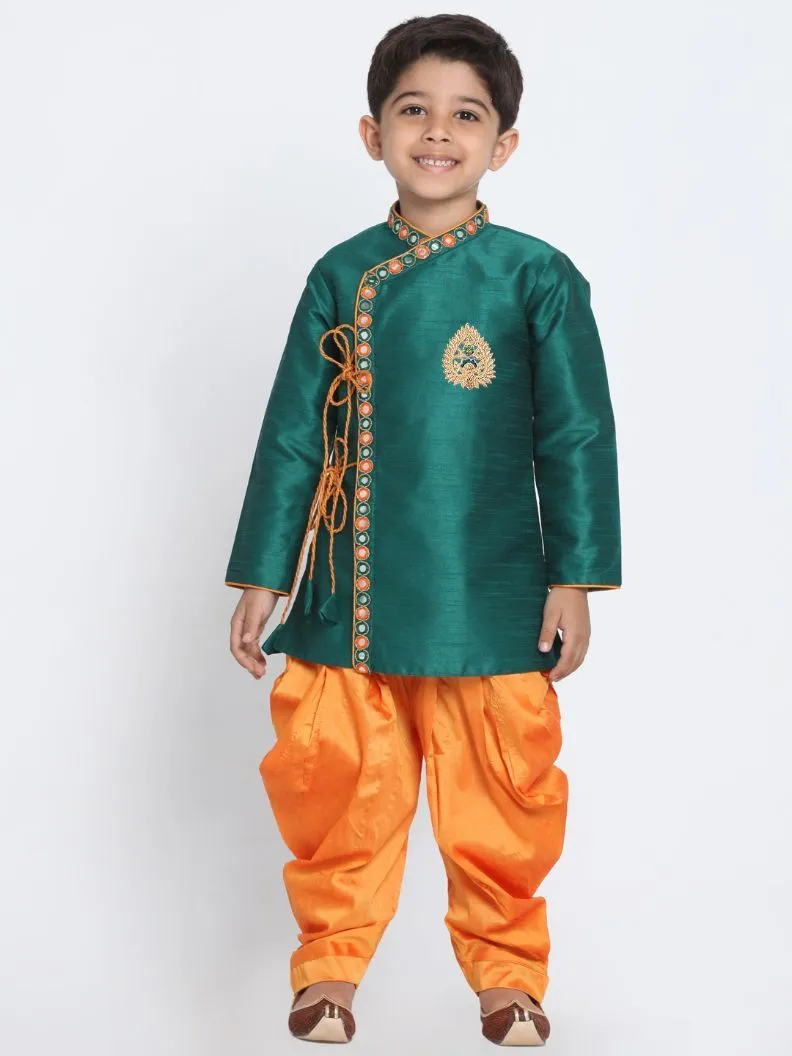 Vastramay Boy's Green Cotton Silk Blend Kurta and Dhoti Set