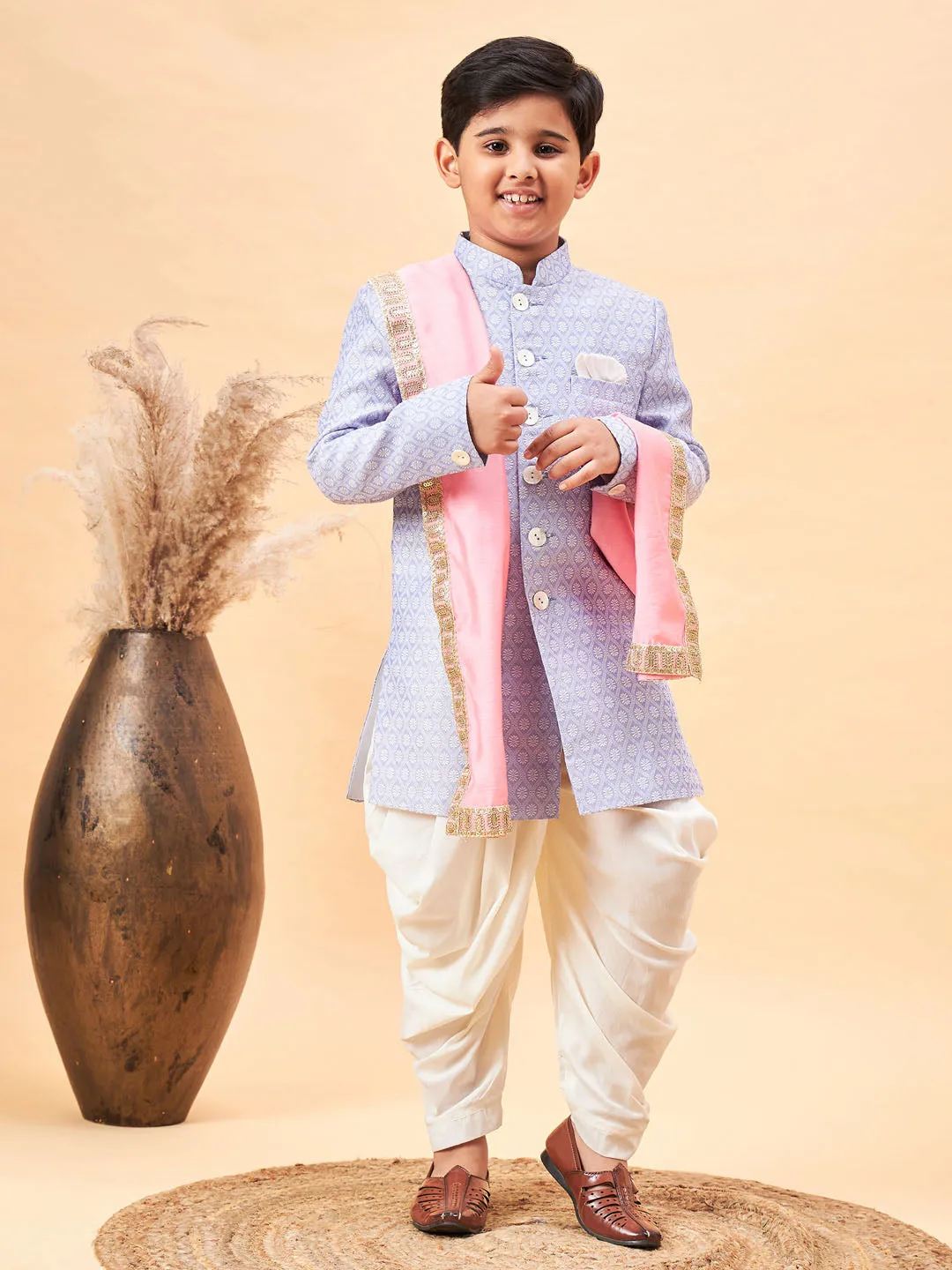 VASTRAMAY Boys Lavender Indo Western Jacquard Sherwani and Dhoti Pant Set Come With Pinjk Dupatta