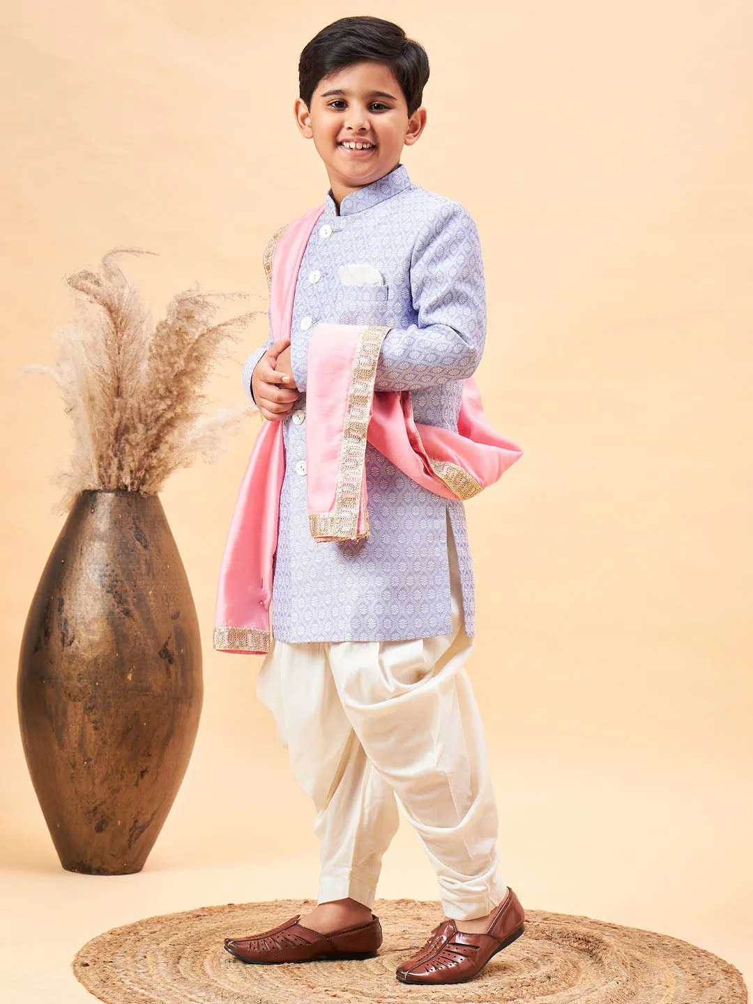 VASTRAMAY Boys Lavender Indo Western Jacquard Sherwani and Dhoti Pant Set Come With Pinjk Dupatta