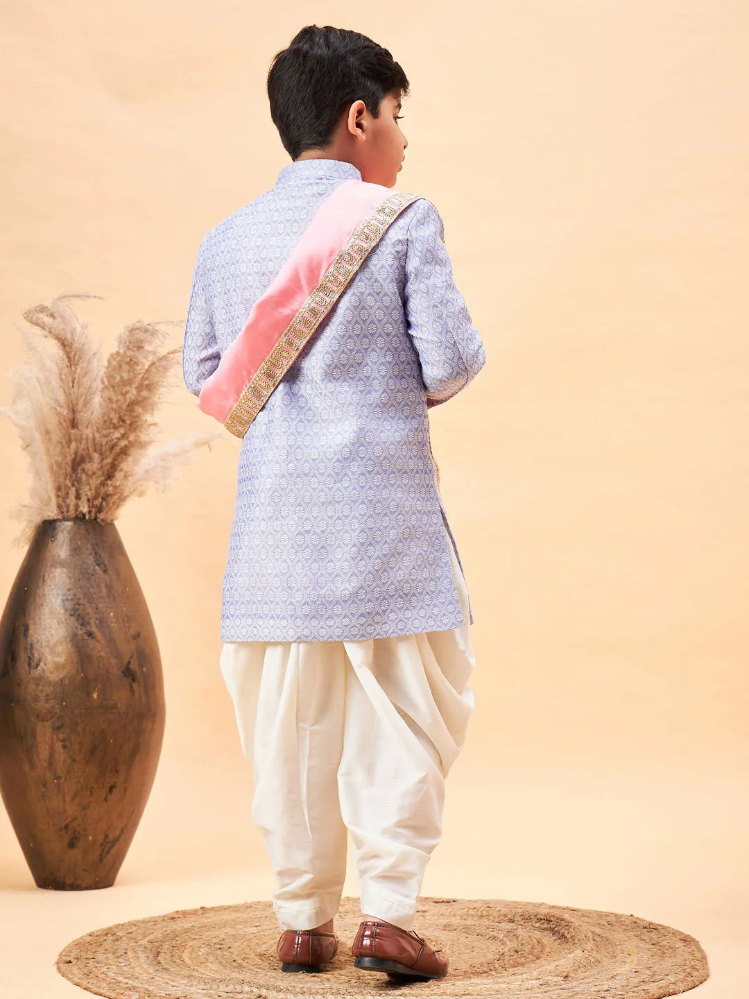 VASTRAMAY Boys Lavender Indo Western Jacquard Sherwani and Dhoti Pant Set Come With Pinjk Dupatta