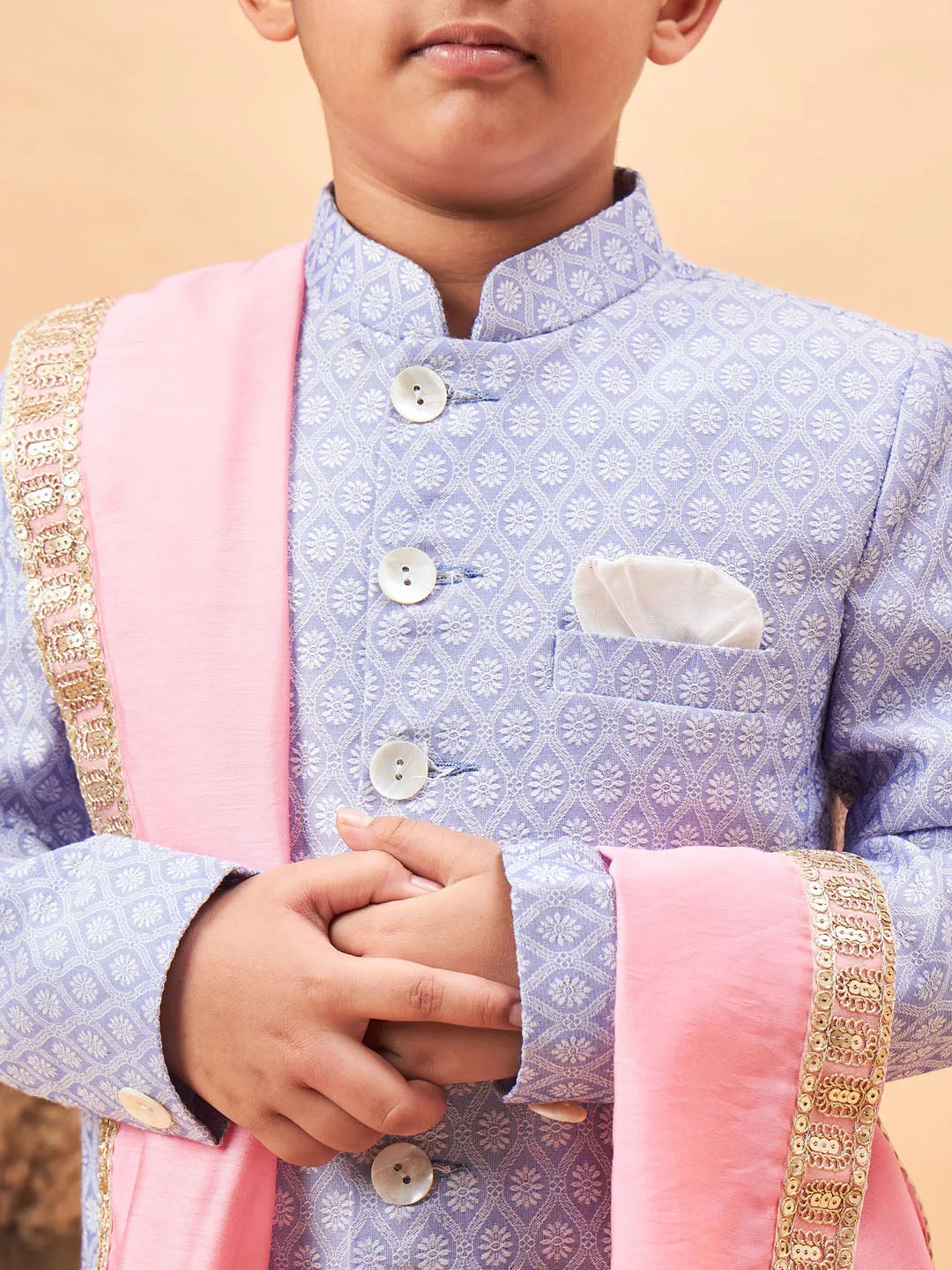 VASTRAMAY Boys Lavender Indo Western Jacquard Sherwani and Dhoti Pant Set Come With Pinjk Dupatta