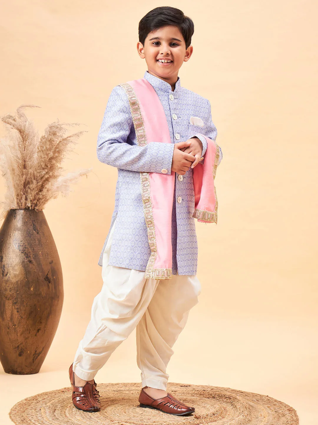 VASTRAMAY Boys Lavender Indo Western Jacquard Sherwani and Dhoti Pant Set Come With Pinjk Dupatta