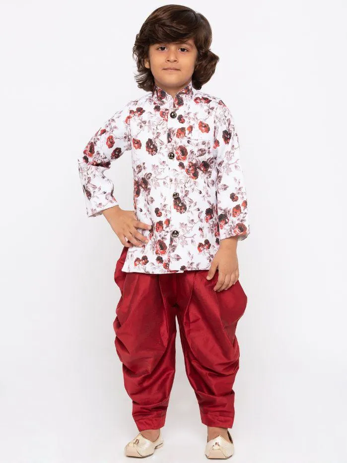 Vastramay Boys' Maroon Cotton Silk Kurta and Dhoti Set