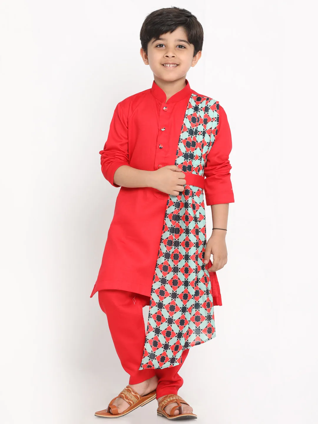 Vastramay Boy's Printed Dupatta Attached With A Belt Red Kurta And Pyjama Set