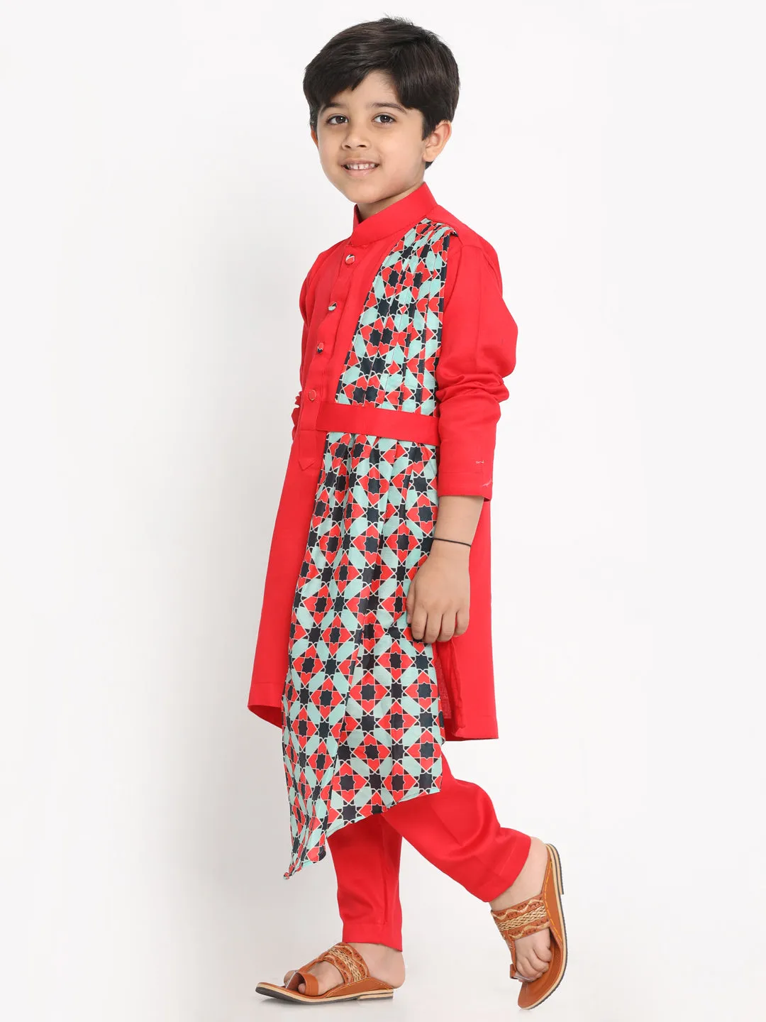 Vastramay Boy's Printed Dupatta Attached With A Belt Red Kurta And Pyjama Set