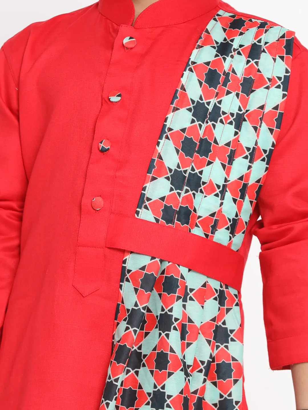 Vastramay Boy's Printed Dupatta Attached With A Belt Red Kurta And Pyjama Set