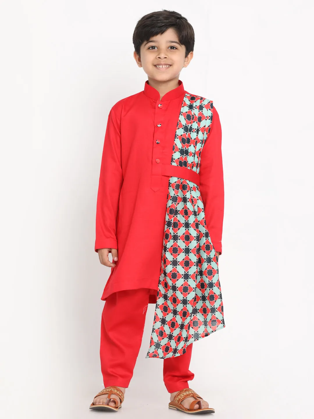 Vastramay Boy's Printed Dupatta Attached With A Belt Red Kurta And Pyjama Set