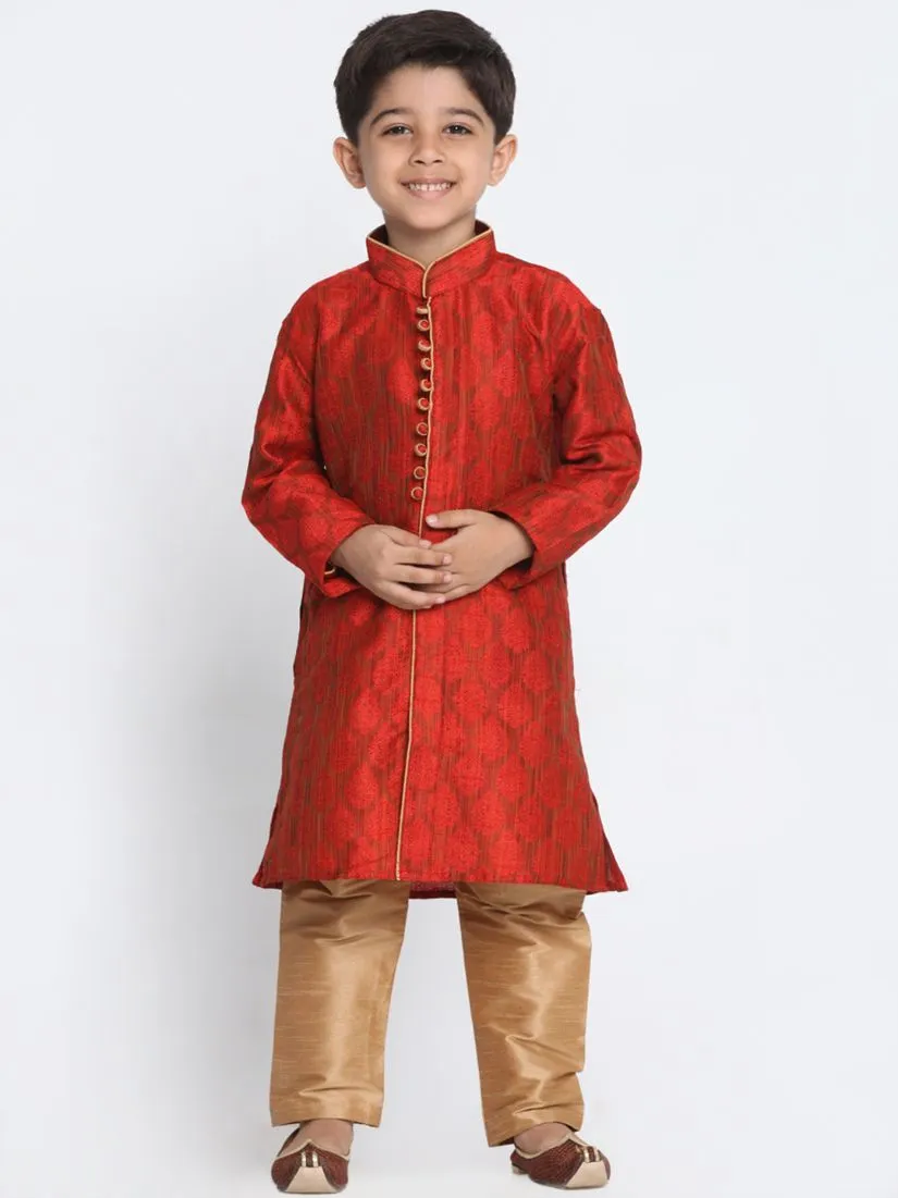 VASTRAMAY Boys' Red Cotton Silk Blend Kurta and Pyjama Set