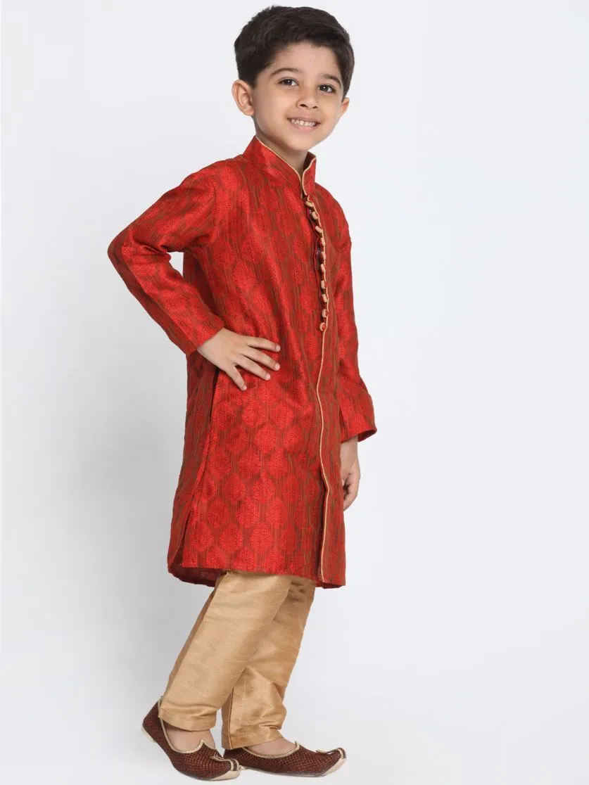 VASTRAMAY Boys' Red Cotton Silk Blend Kurta and Pyjama Set