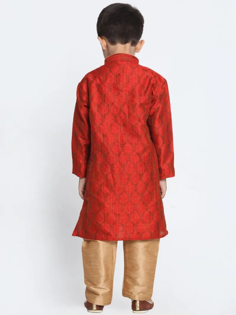 VASTRAMAY Boys' Red Cotton Silk Blend Kurta and Pyjama Set