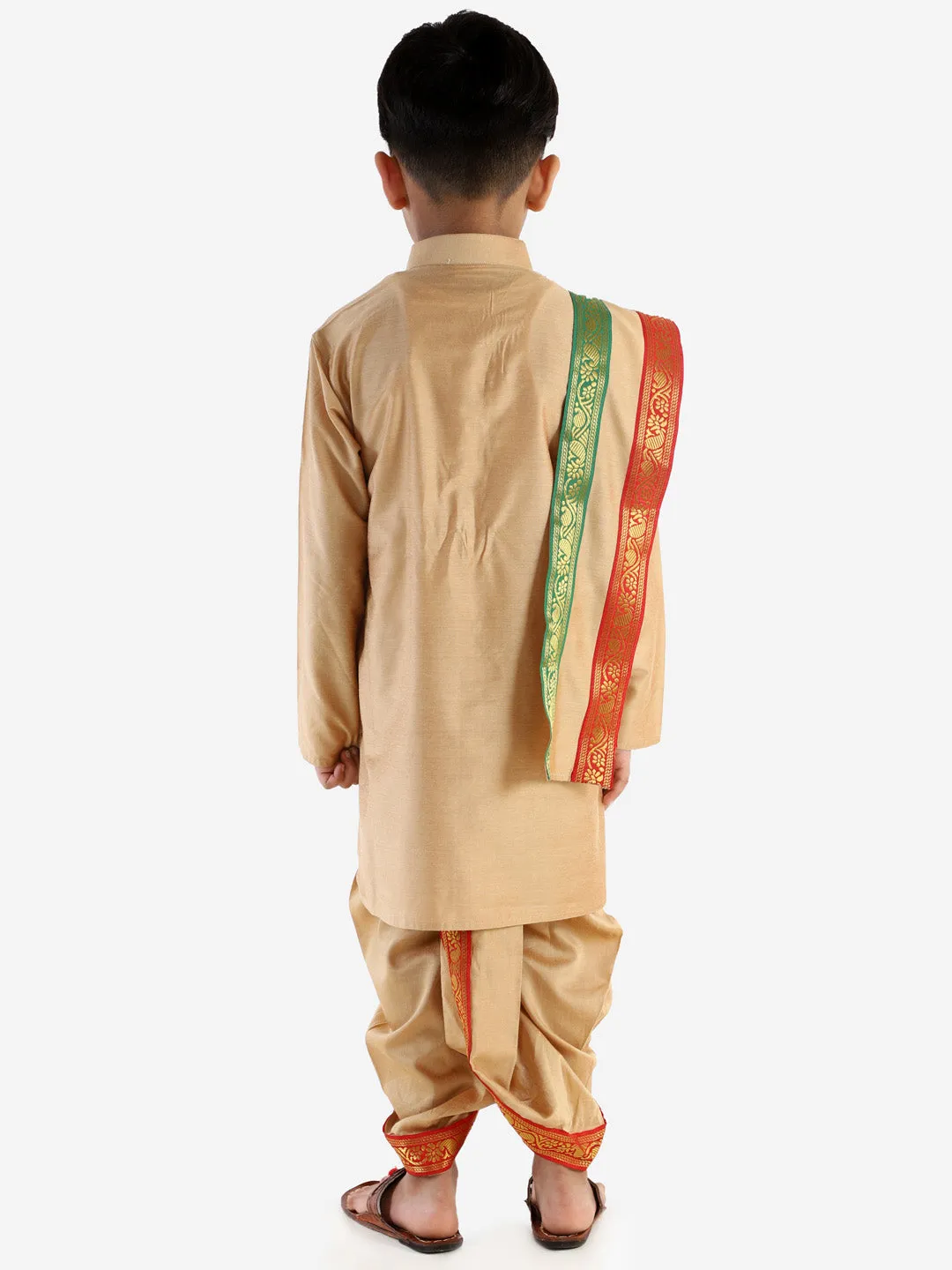 VASTRAMAY Boy's Rose Gold Cotton Blend Kurta Dhoti and Dupatta Set