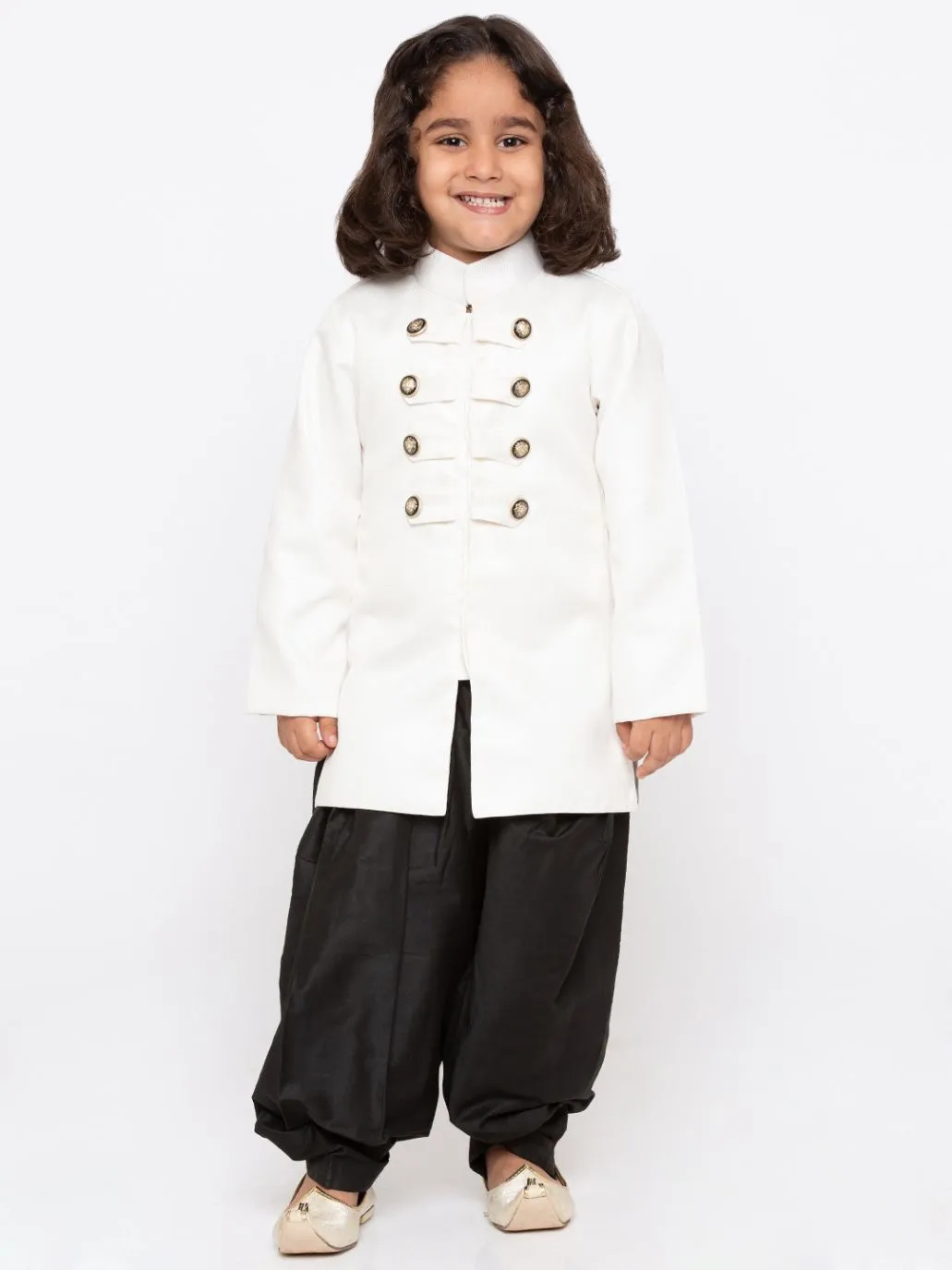 Vastramay Boys' White Cotton Silk Sherwani and Dhoti Set