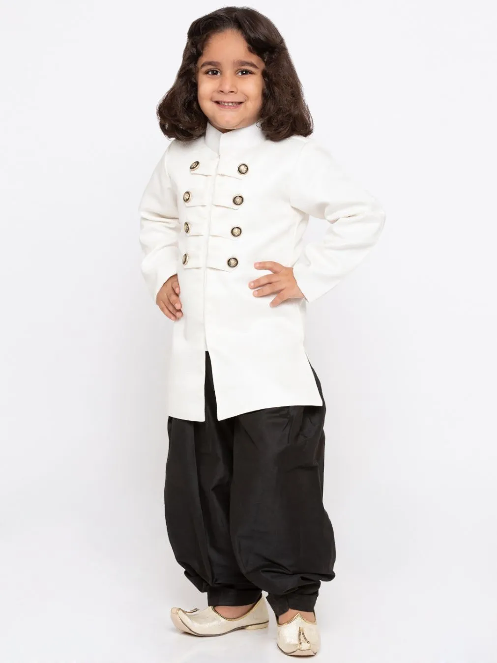 Vastramay Boys' White Cotton Silk Sherwani and Dhoti Set