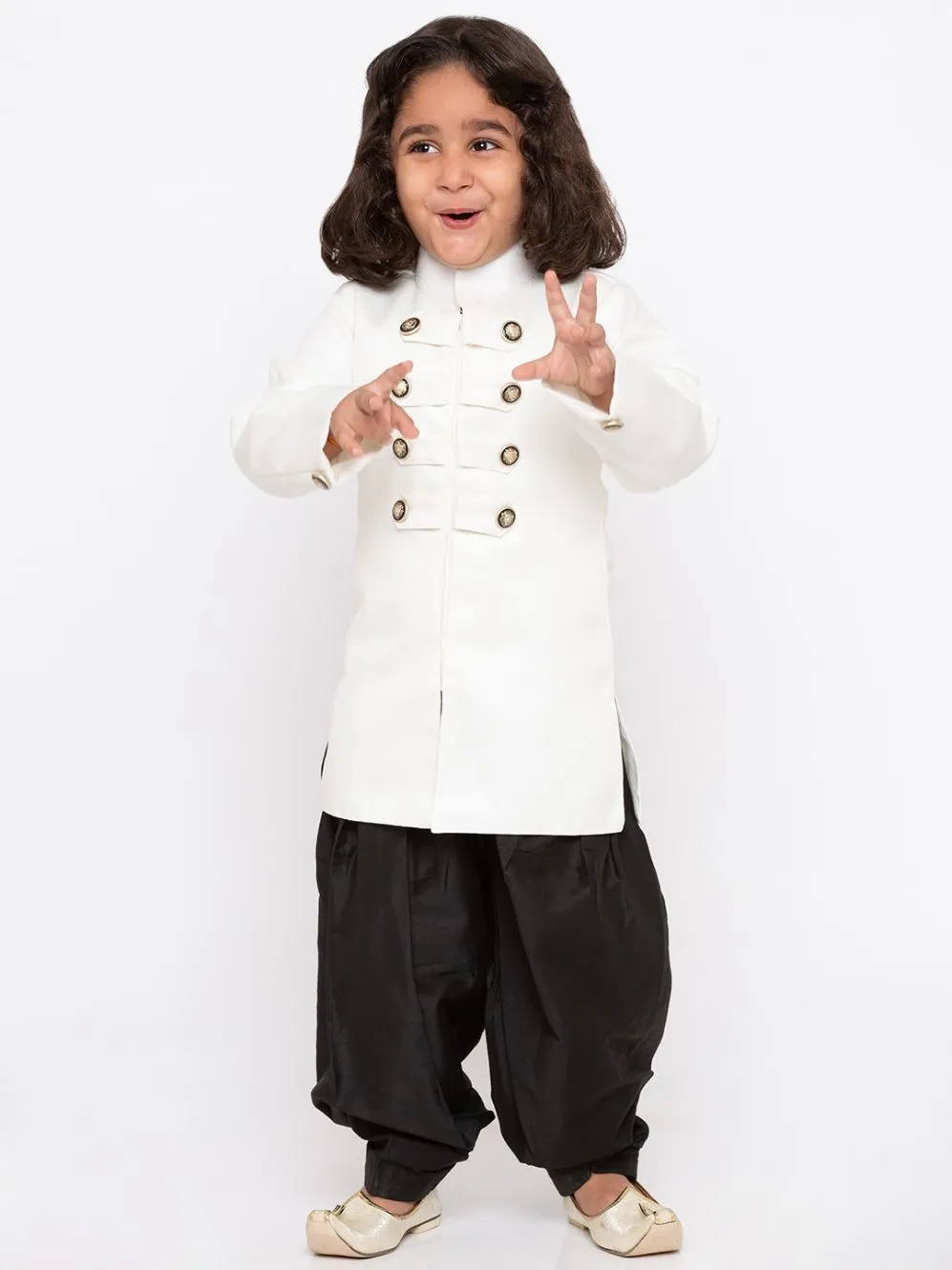 Vastramay Boys' White Cotton Silk Sherwani and Dhoti Set