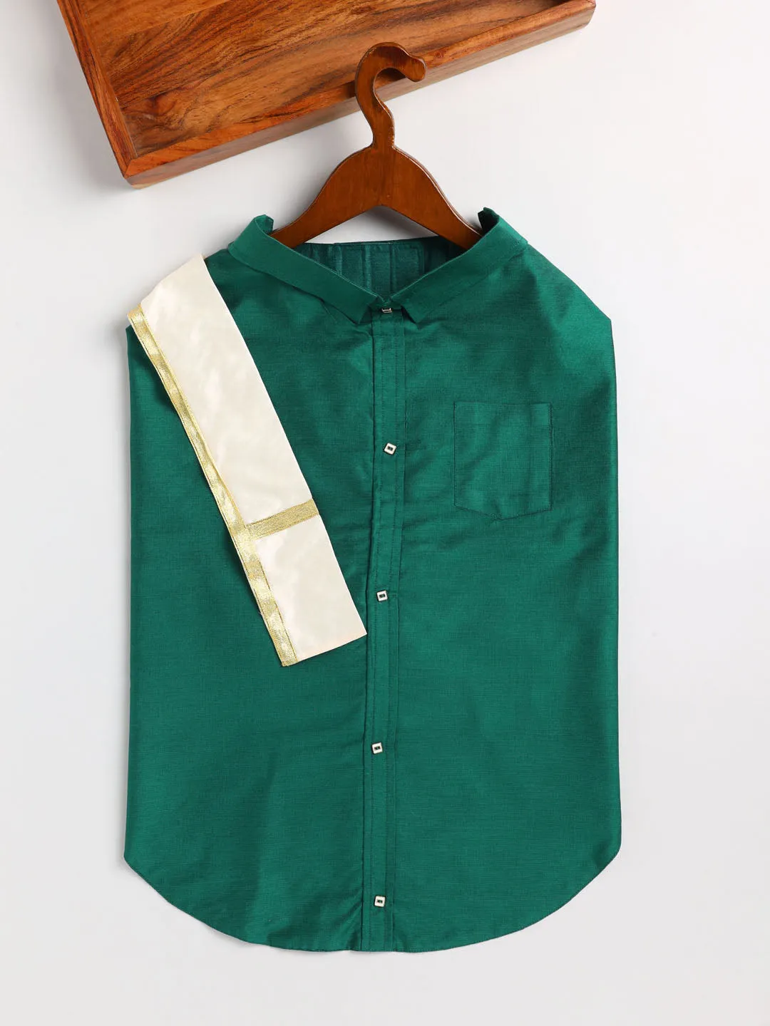 VASTRAMAY Dogs' Green Silk Blend  Shirt And Dupatta Set