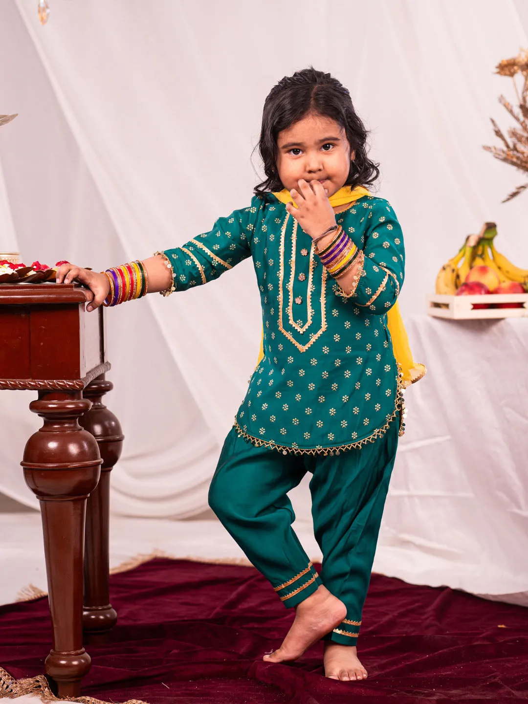 VASTRAMAY Girls Green Kurta Salwar and Dupatta Set