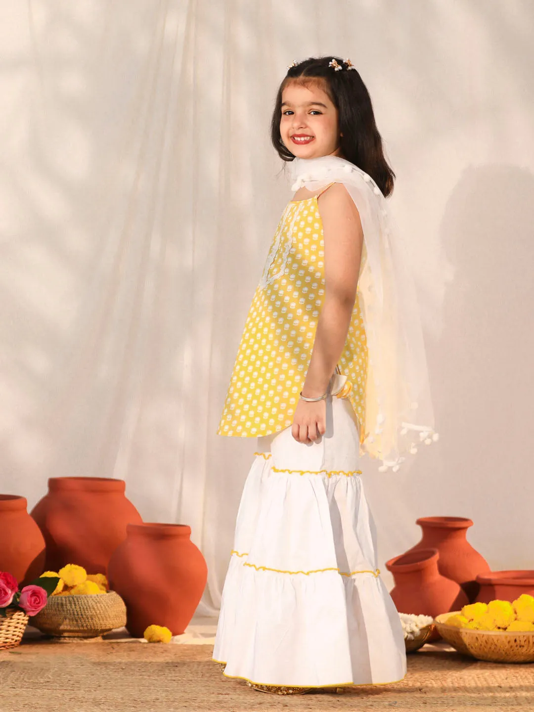 VASTRAMAY Girls' Yellow and White Kurta, Sharara and Dupatta Set