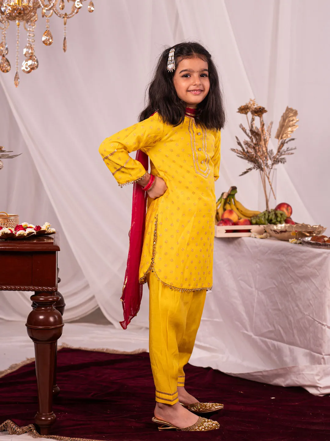 VASTRAMAY Girls Yellow Kurta Salwar and Dupatta Set