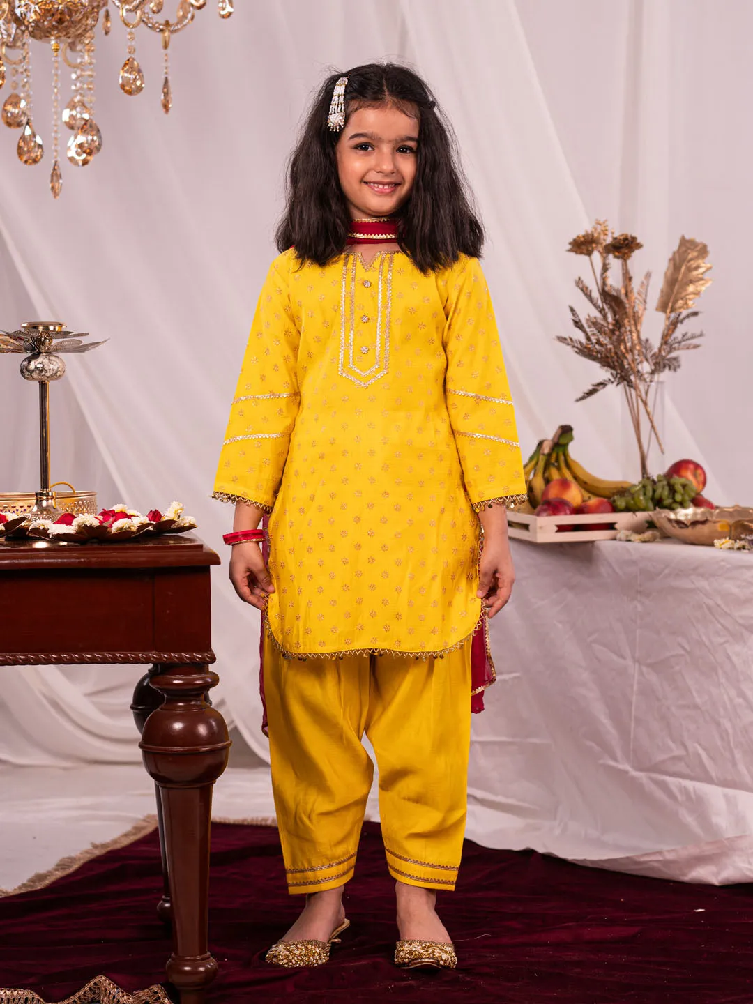 VASTRAMAY Girls Yellow Kurta Salwar and Dupatta Set