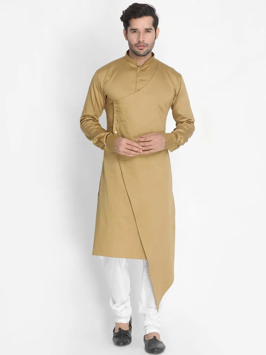 VASTRAMAY Men's Beige Cotton Silk Blend Kurta and Churidar Set