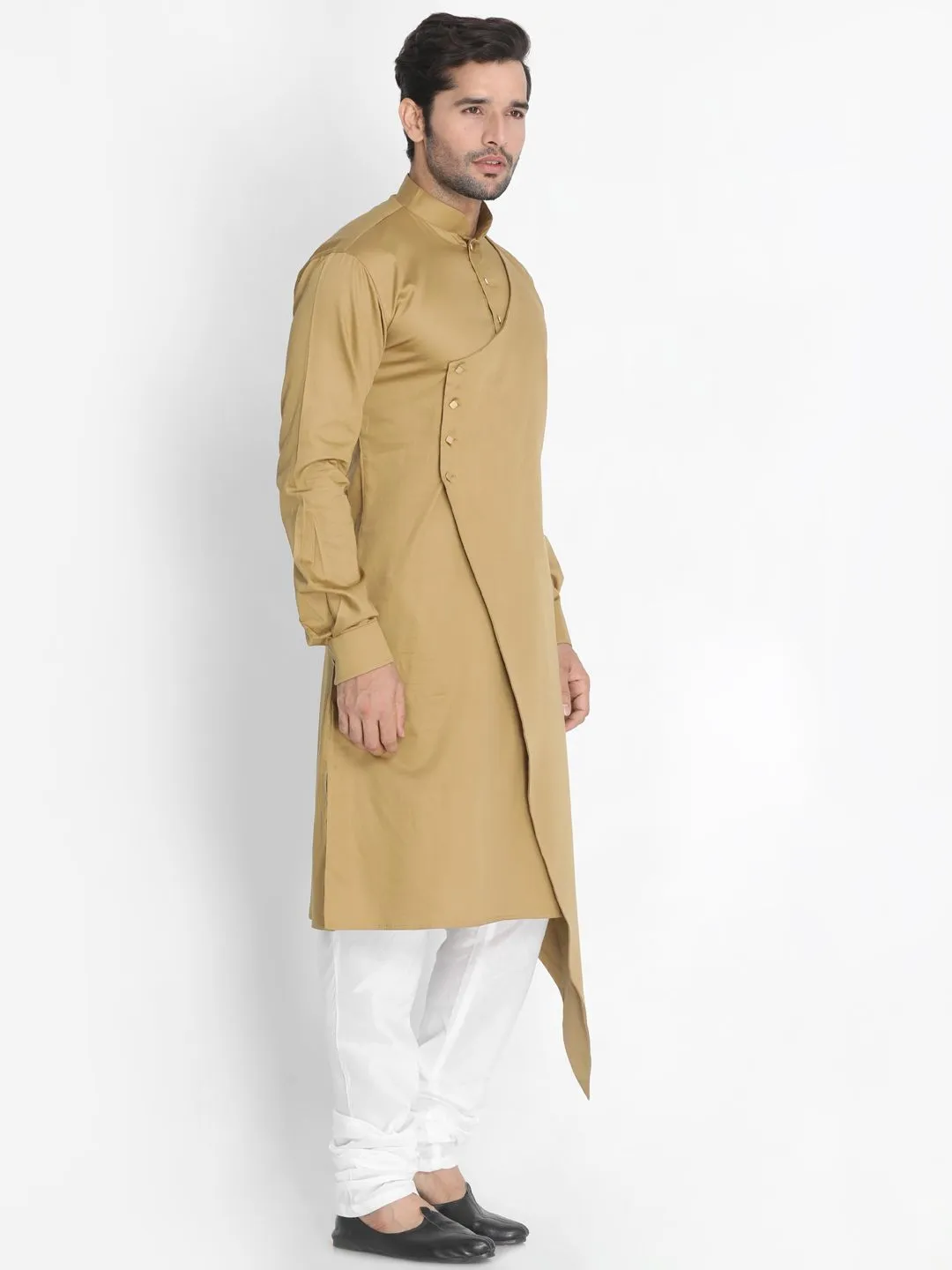 VASTRAMAY Men's Beige Cotton Silk Blend Kurta and Churidar Set