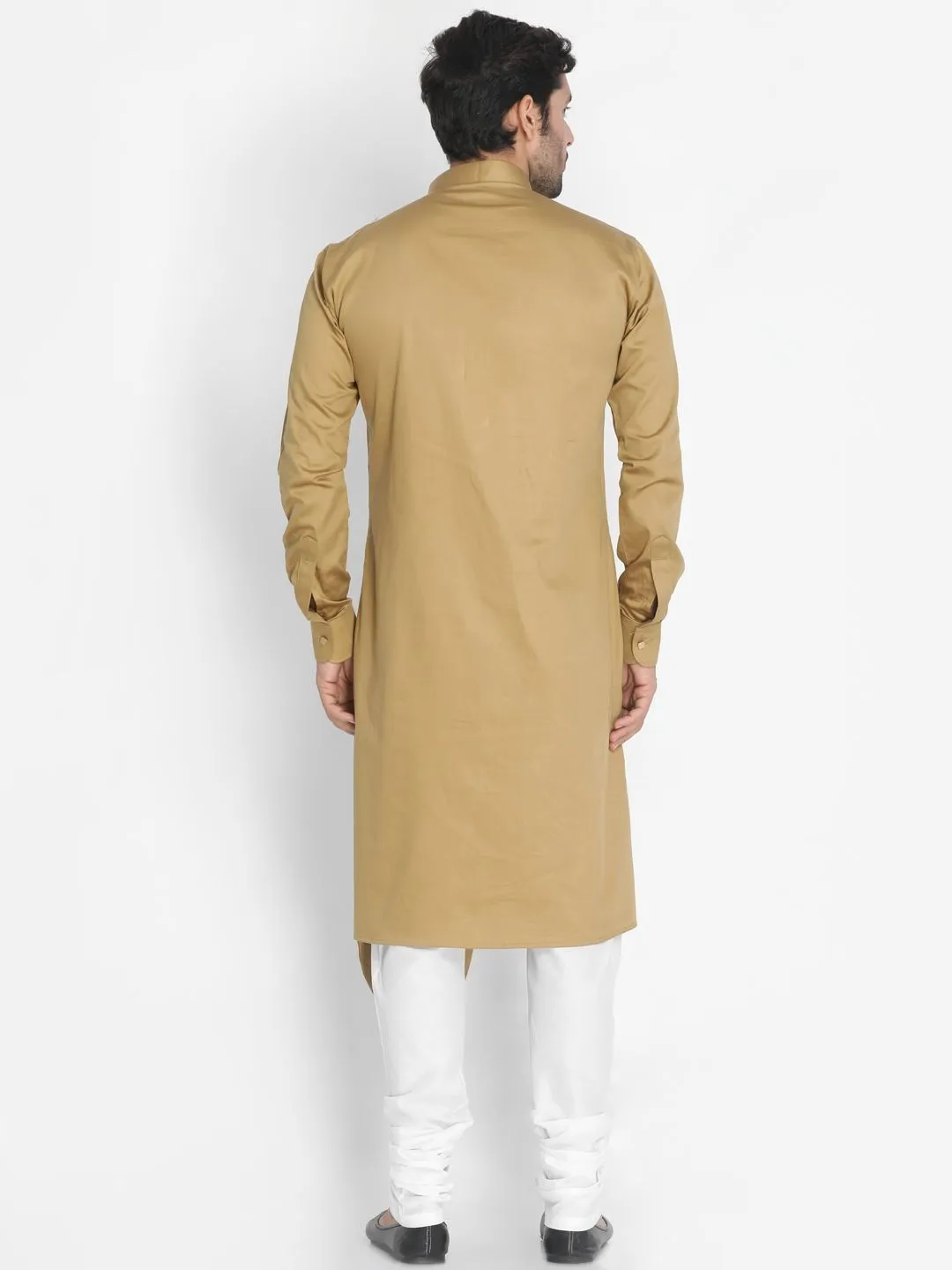 VASTRAMAY Men's Beige Cotton Silk Blend Kurta and Churidar Set