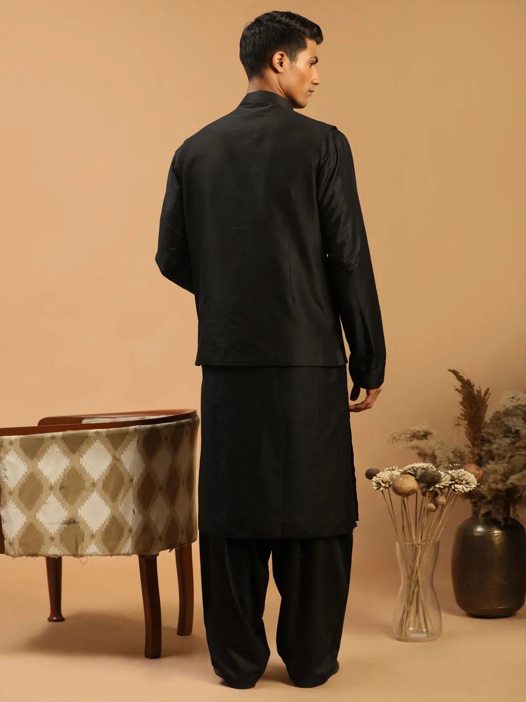 Vastramay Men's Black Mirror Jacket With Kurta Patiala And Dupatta Set