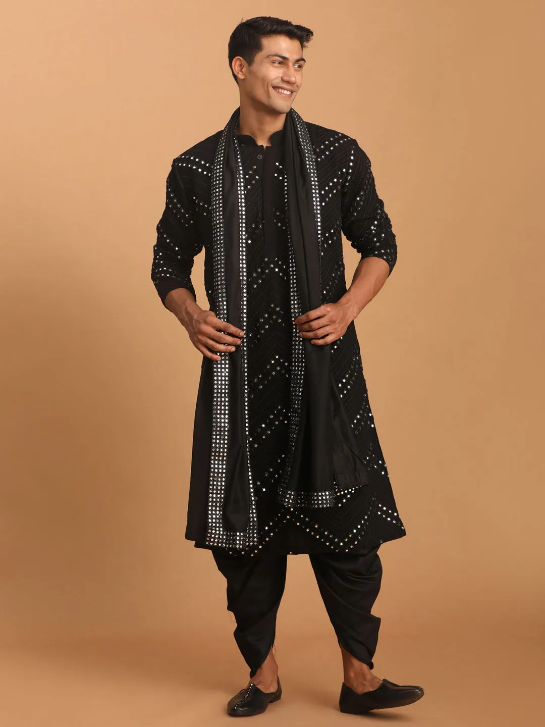 Vastramay Men's Black Mirror Kurta Dhoti And Dupatta Set