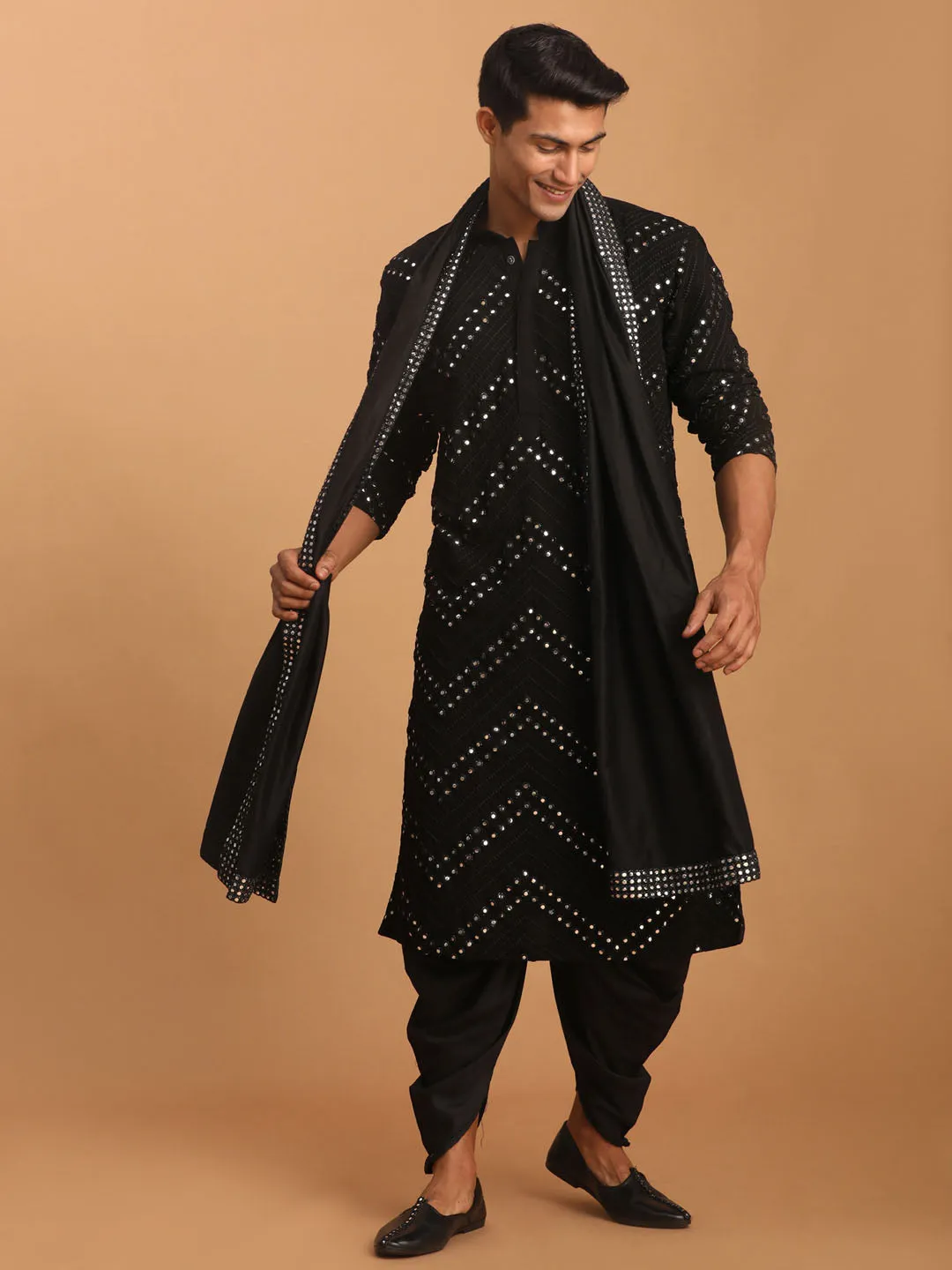 Vastramay Men's Black Mirror Kurta Dhoti And Dupatta Set