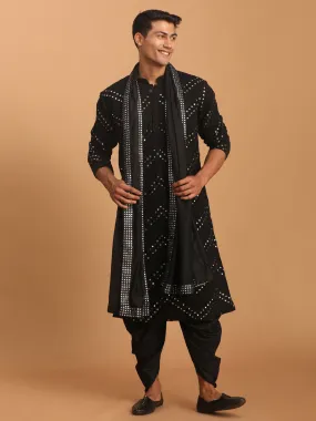 Vastramay Men's Black Mirror Kurta Dhoti And Dupatta Set