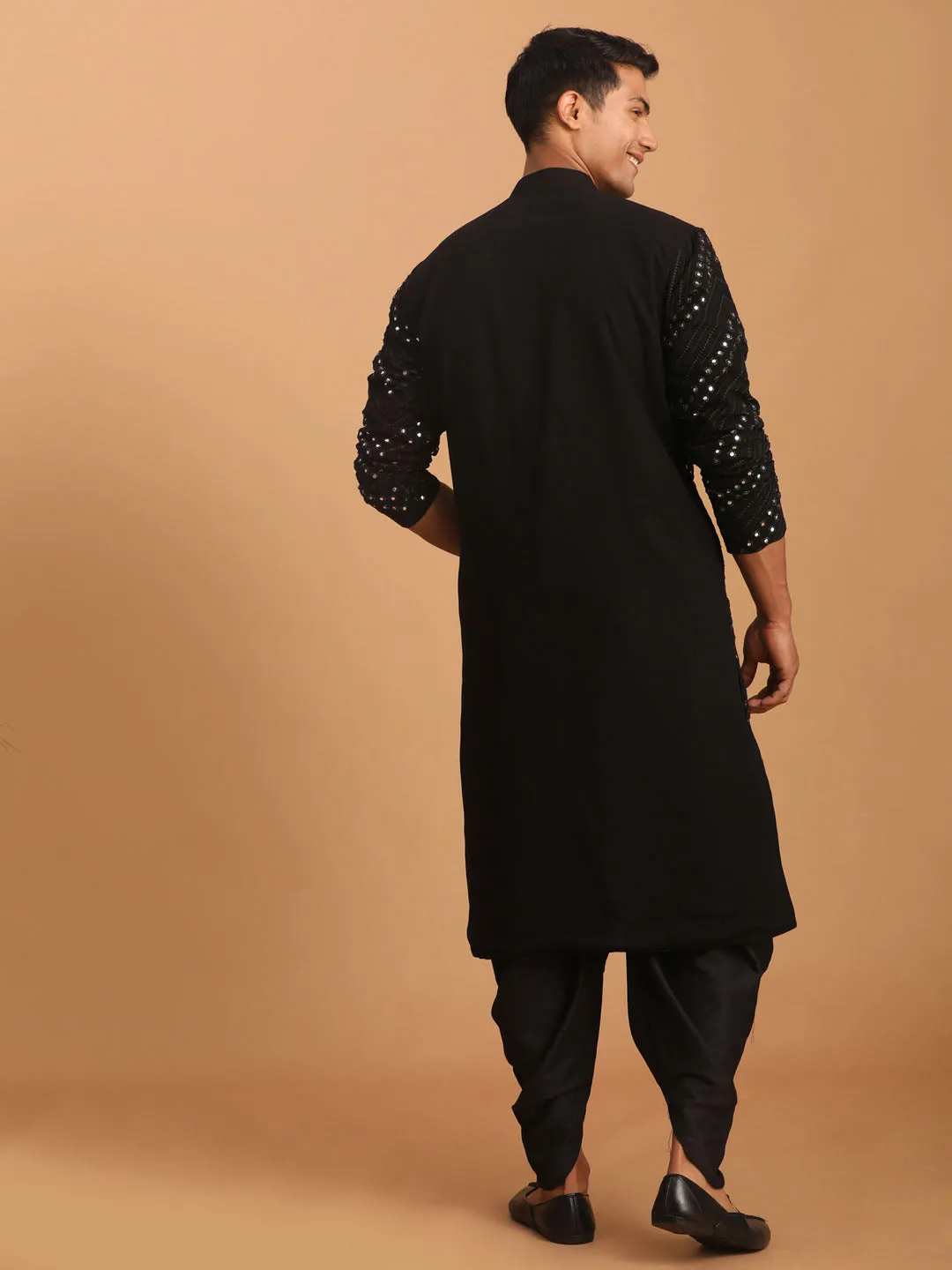 Vastramay Men's Black Mirror Kurta Dhoti And Dupatta Set